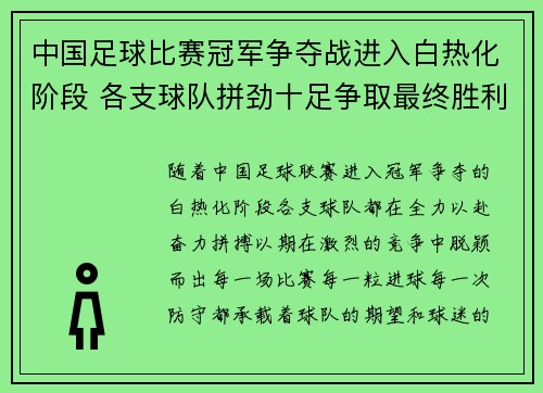 中国足球比赛冠军争夺战进入白热化阶段 各支球队拼劲十足争取最终胜利