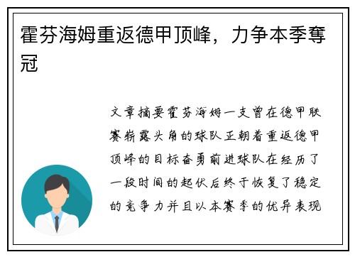 霍芬海姆重返德甲顶峰，力争本季奪冠